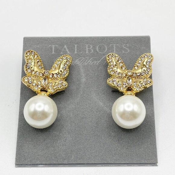 NWT Talbots Gold Pave Butterfly Round Pearl Drop Pierced Earrings - Picture 6 of 6
